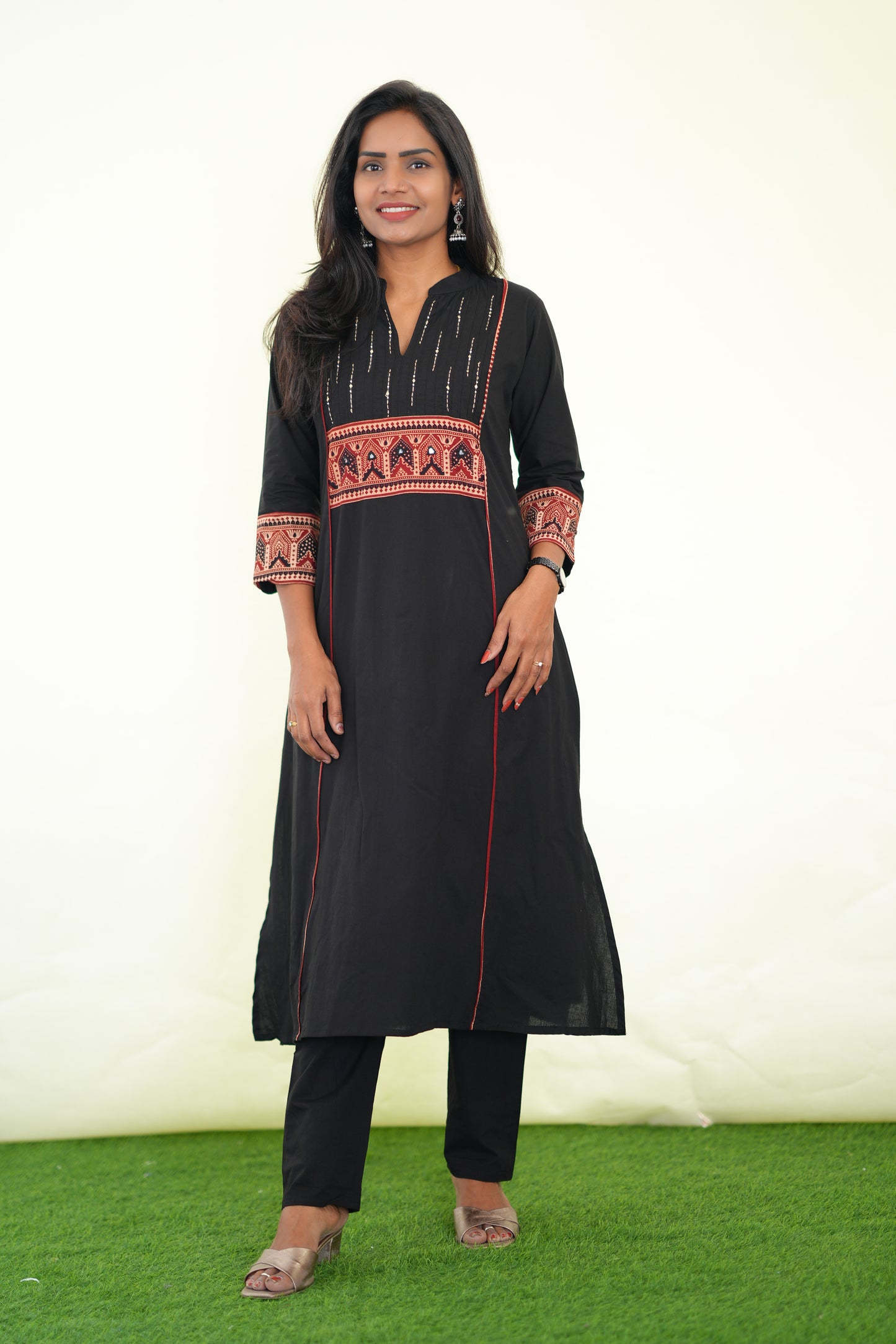 Black Color Stylish Office Wear Cord Set With Ajrakh Patch