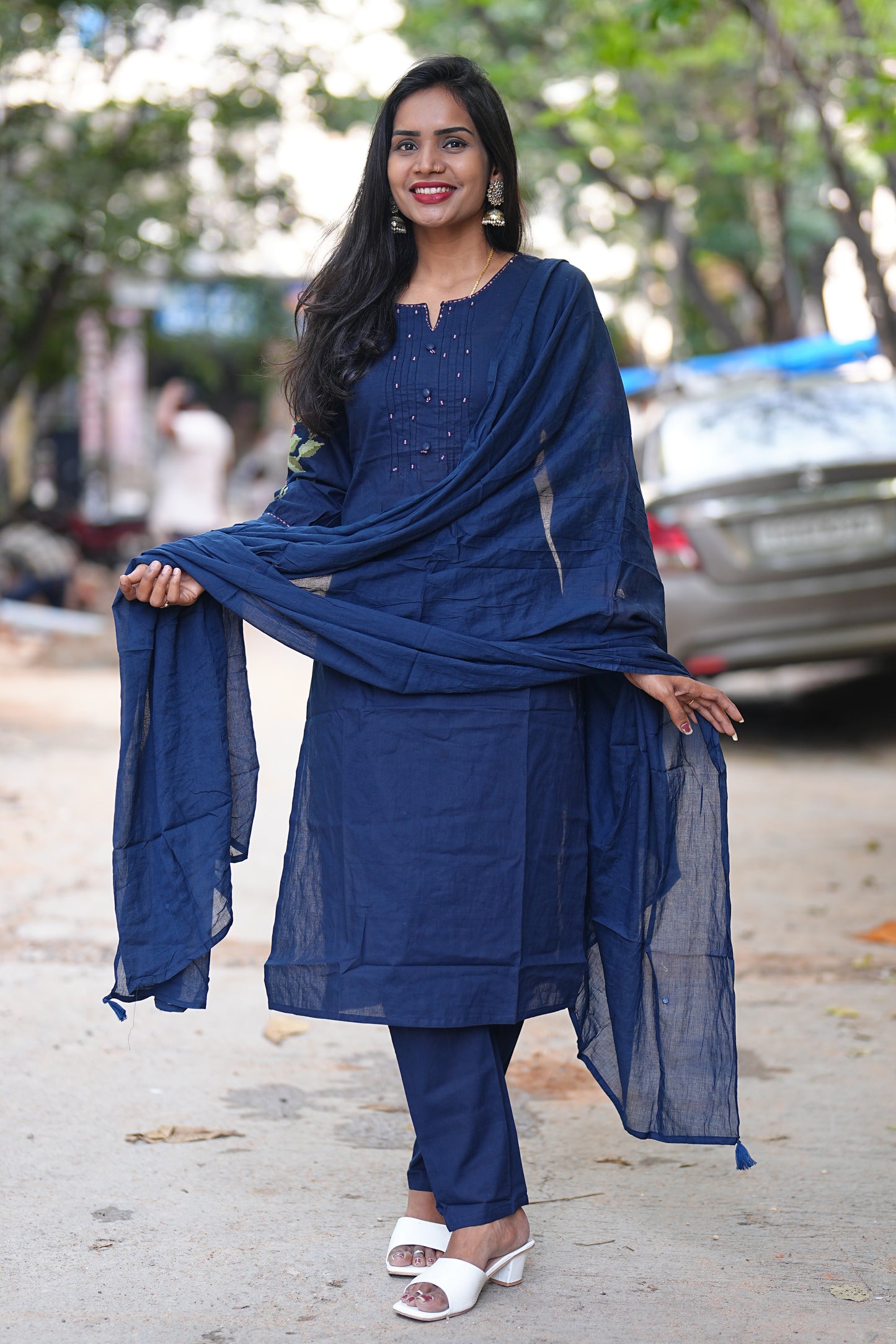 Blue Color Jaipuri Cotton Designer Wear 3 Piece Set