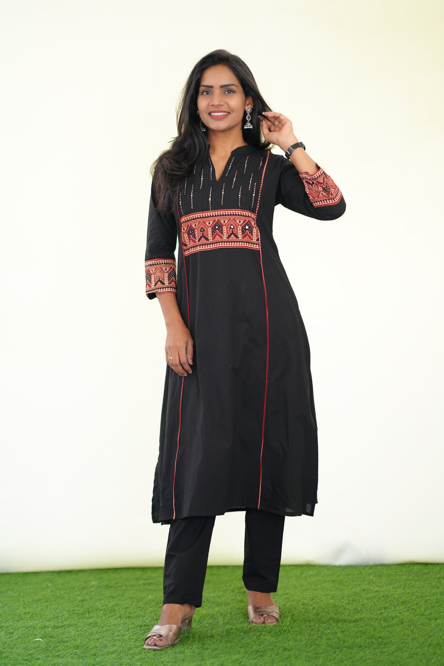 Black Color Stylish Office Wear Cord Set With Ajrakh Patch