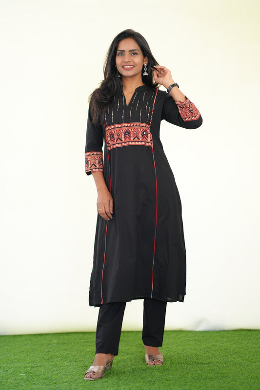 Black Color Stylish Office Wear Cord Set With Ajrakh Patch