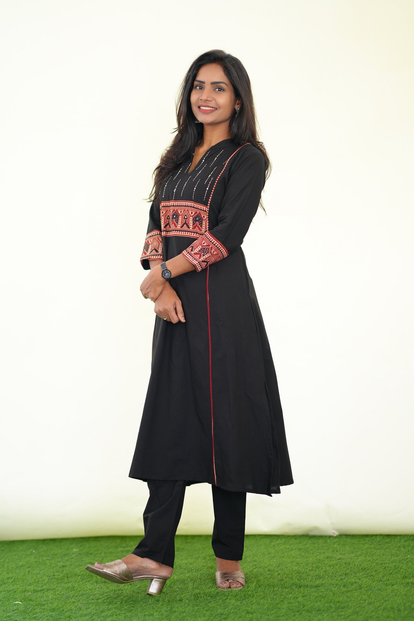 Black Color Stylish Office Wear Cord Set With Ajrakh Patch