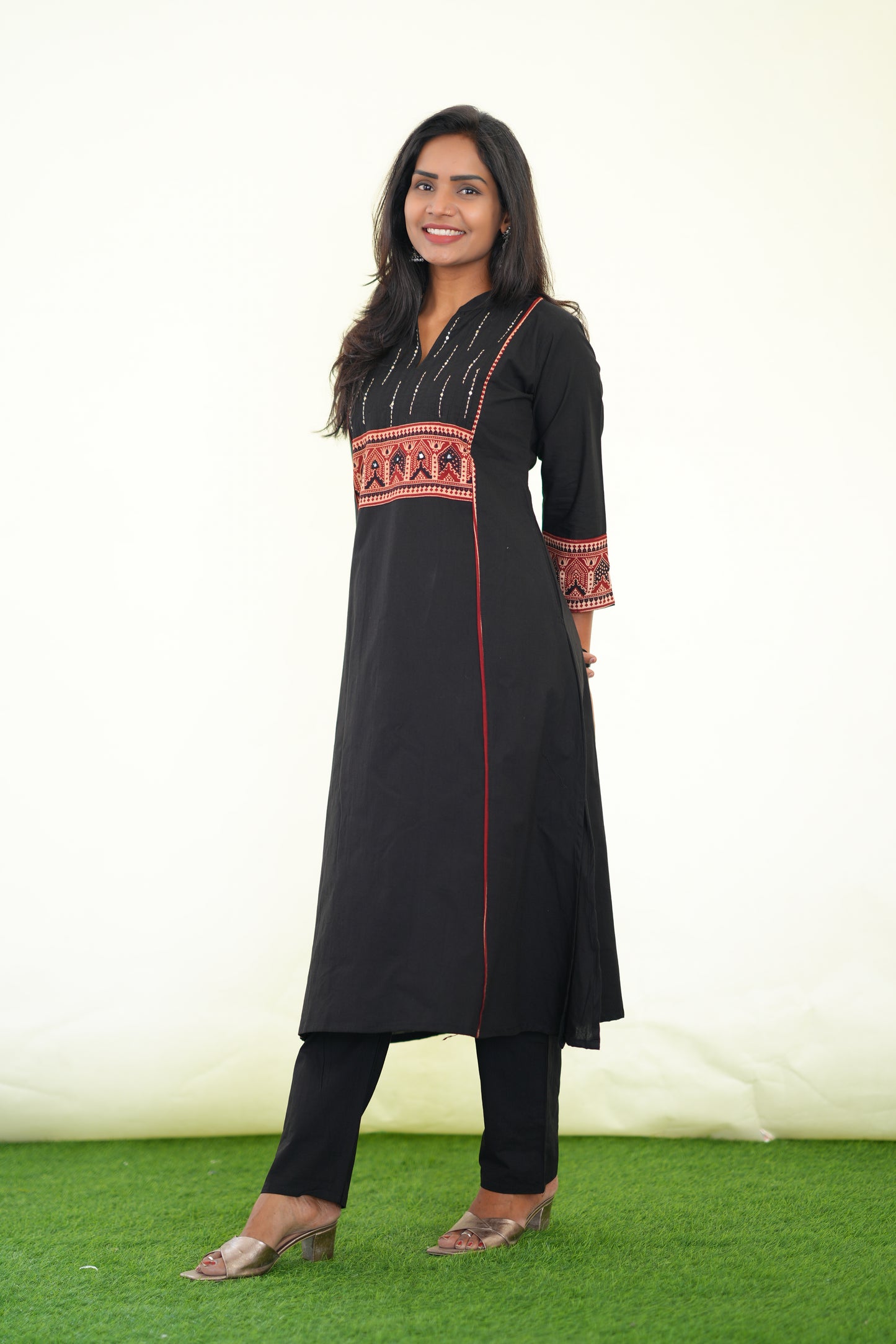 Black Color Stylish Office Wear Cord Set With Ajrakh Patch