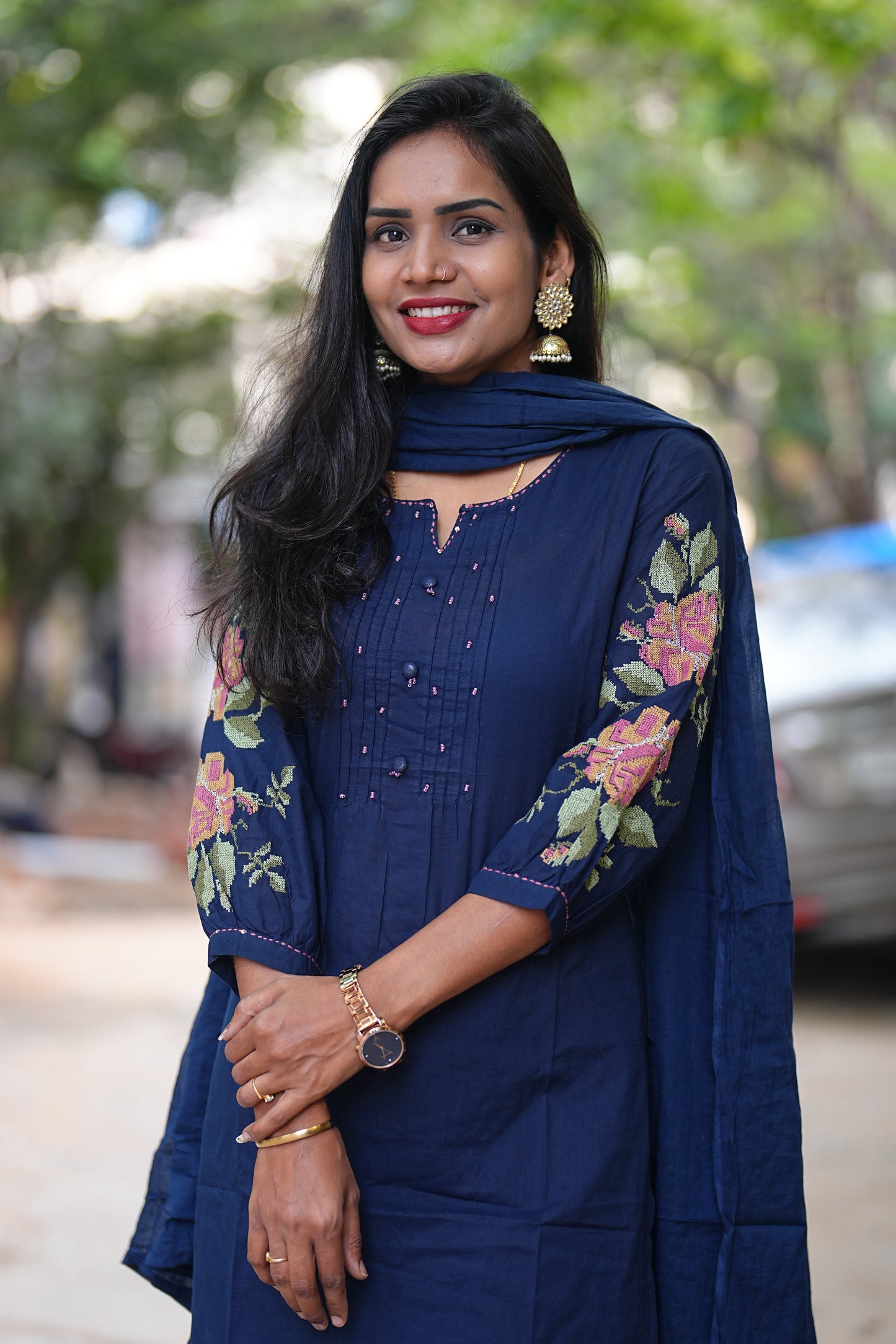 Blue Color Jaipuri Cotton Designer Wear 3 Piece Set