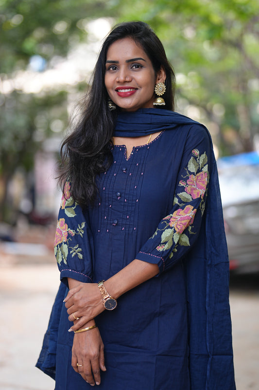 Blue Color Jaipuri Cotton Designer Wear 3 Piece Set