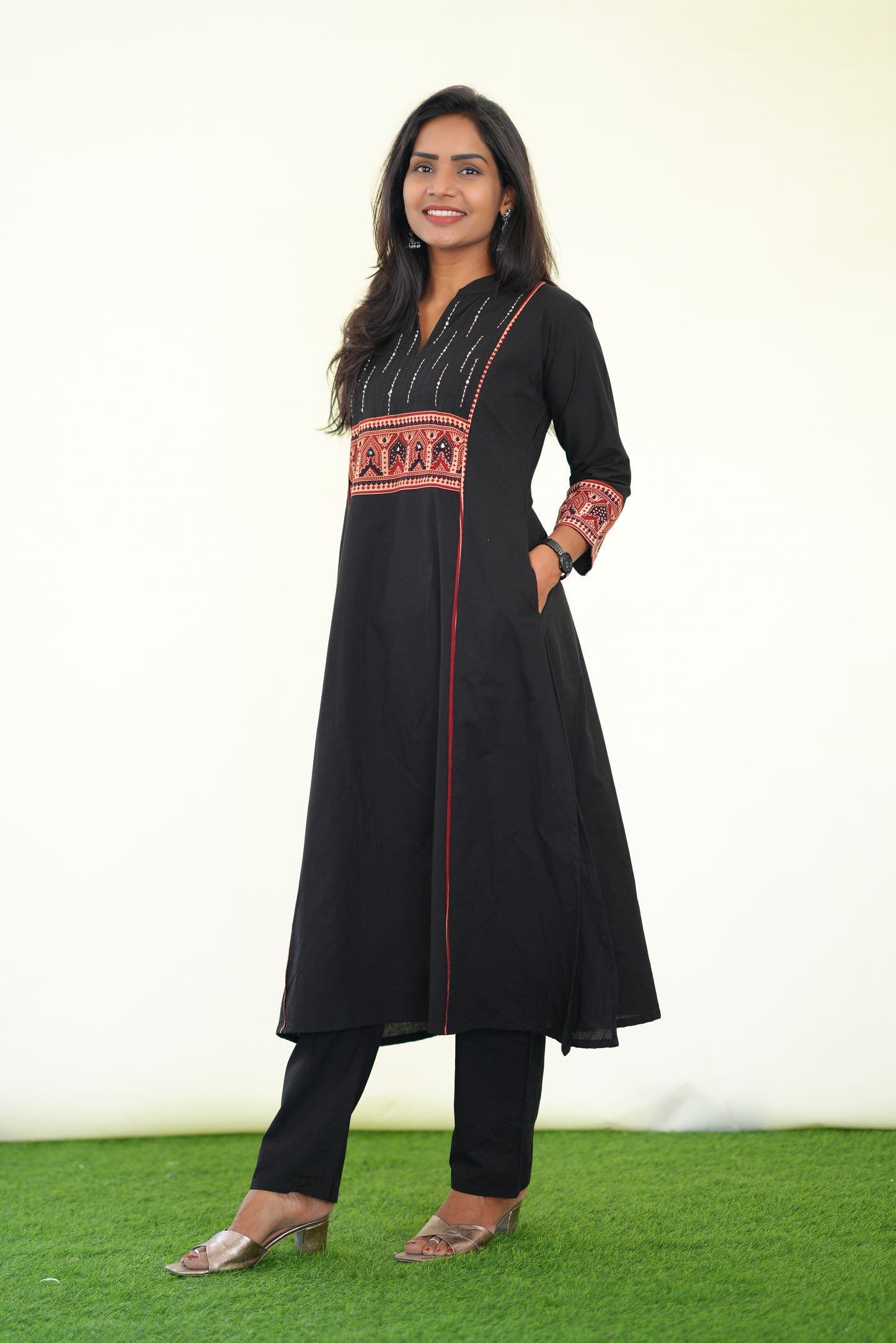 Black Color Stylish Office Wear Cord Set With Ajrakh Patch