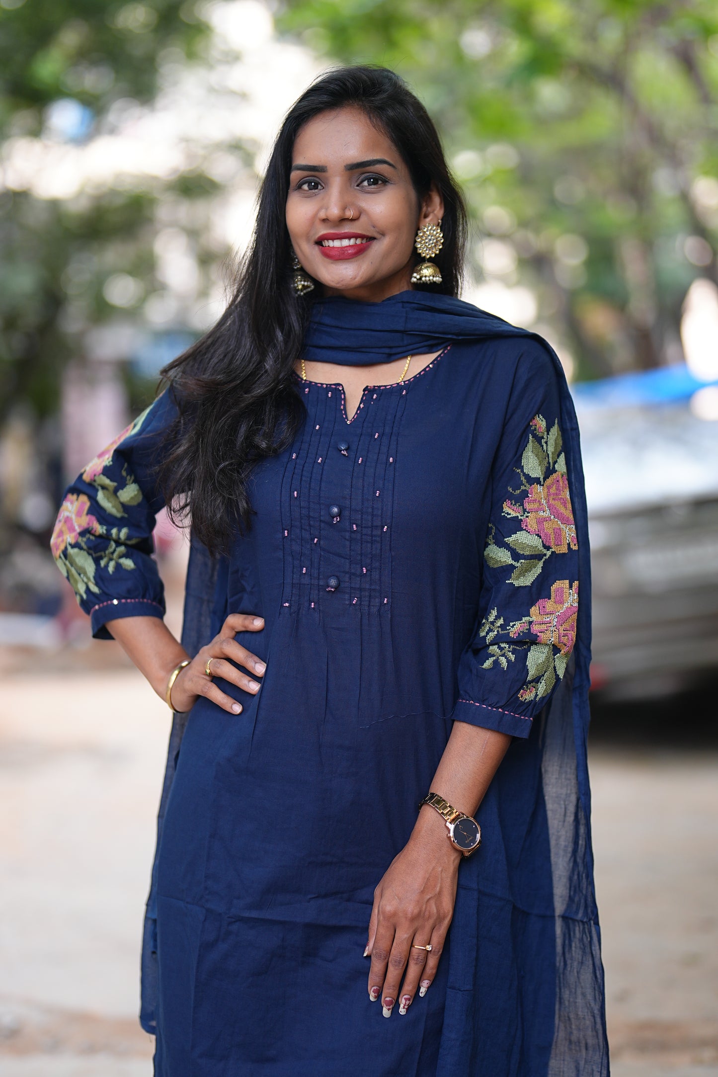 Blue Color Jaipuri Cotton Designer Wear 3 Piece Set