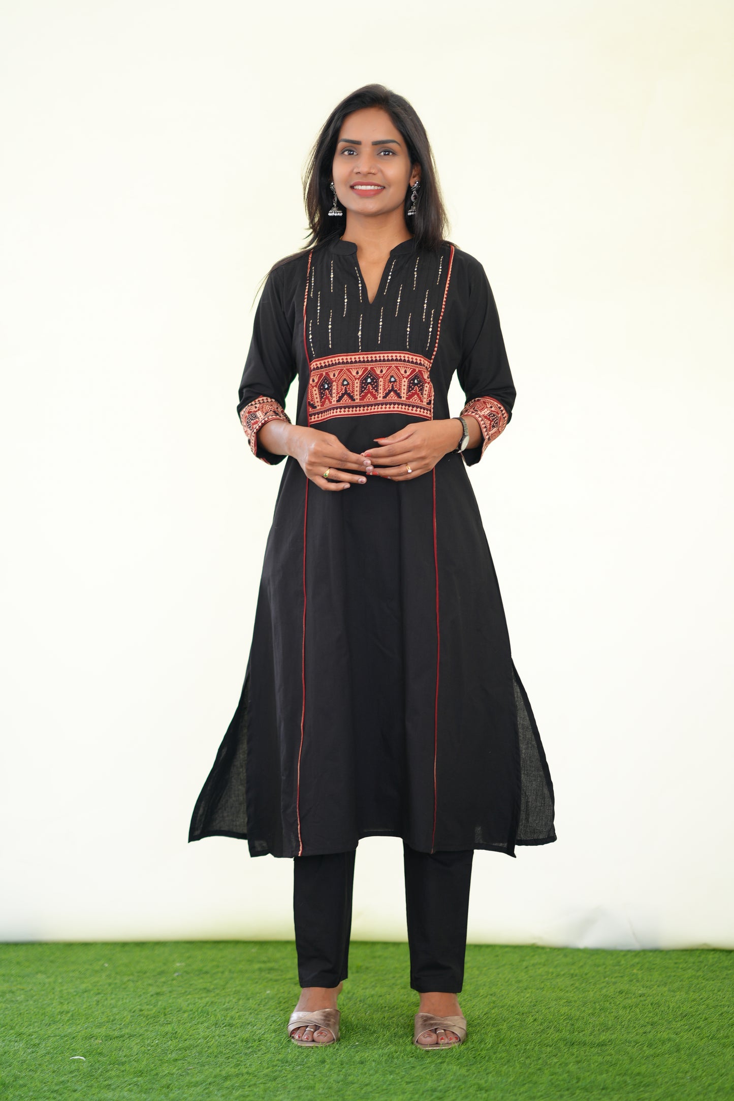 Black Color Stylish Office Wear Cord Set With Ajrakh Patch