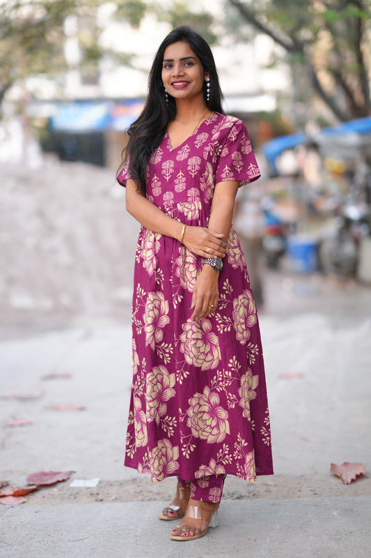 Wine Color Jaipur Cotton A Line 2 Piece Set