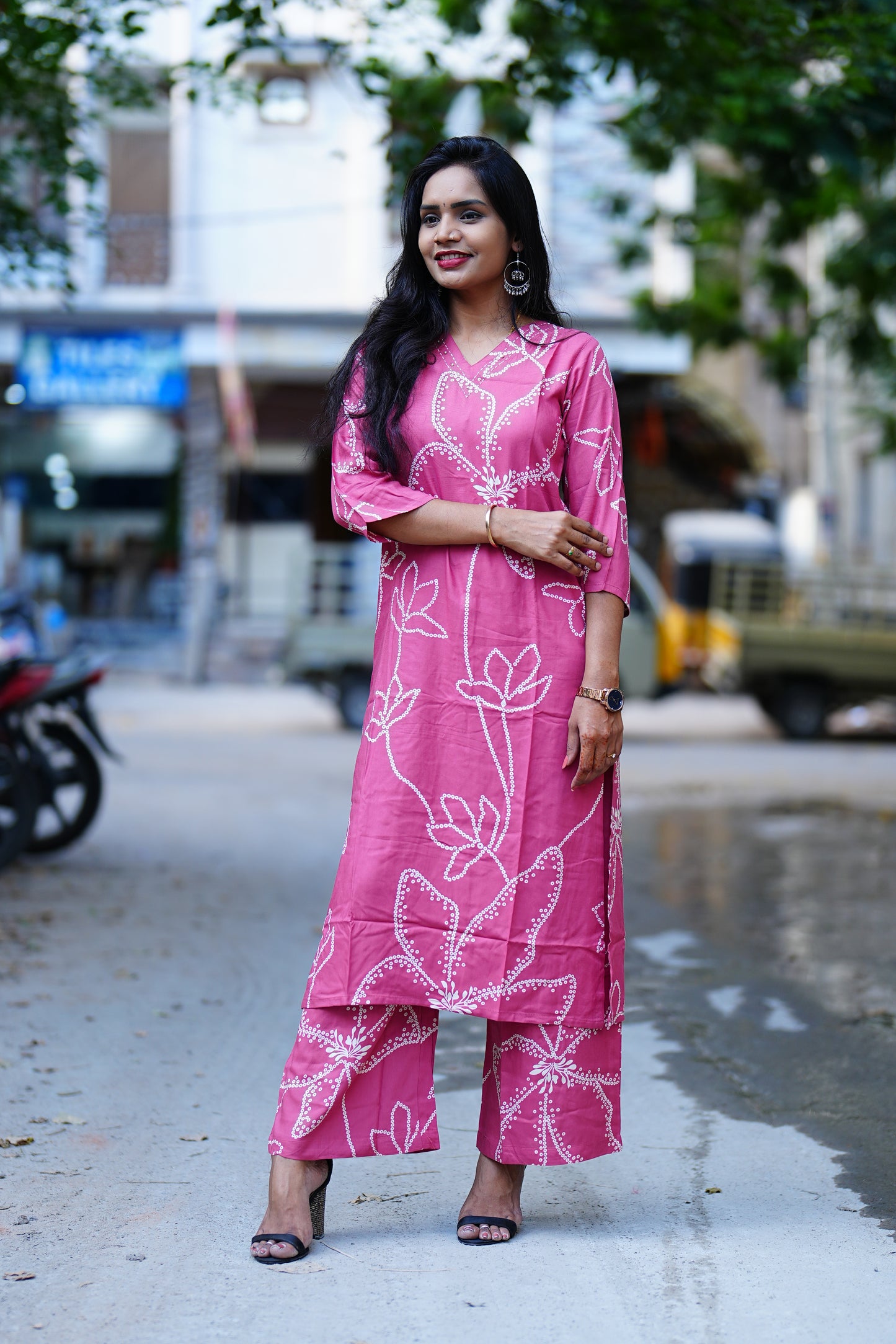 Pink Heavy Rayon Cord Set With Palazzo Pant