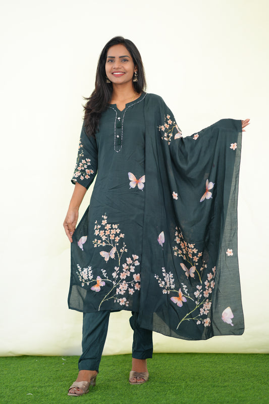 Green Color Muslin 3 Piece Set With Digital Print and Complete Lining