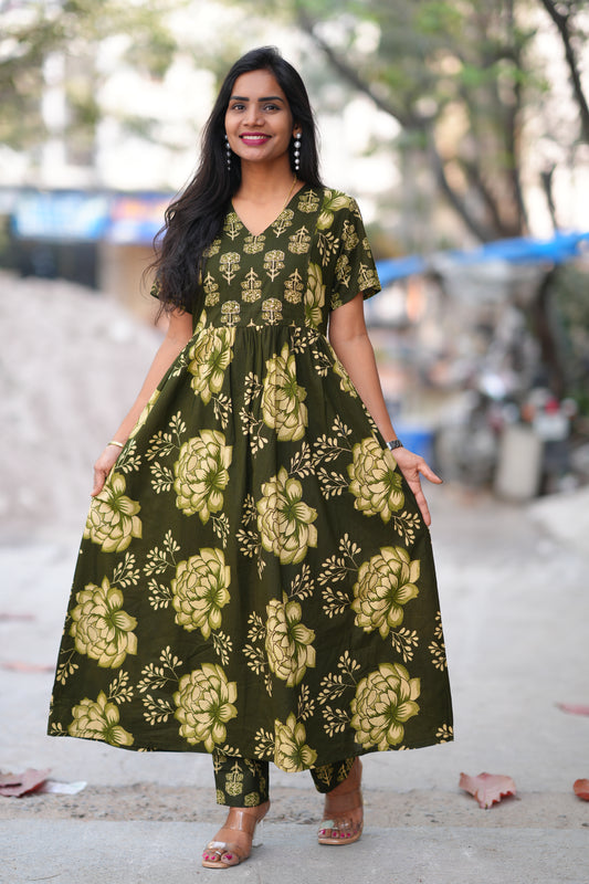 Dark Green Color Jaipur Cotton A Line 2 Piece Set