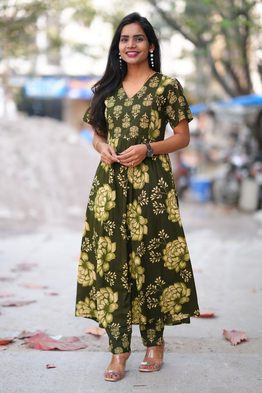 Dark Green Color Jaipur Cotton A Line 2 Piece Set