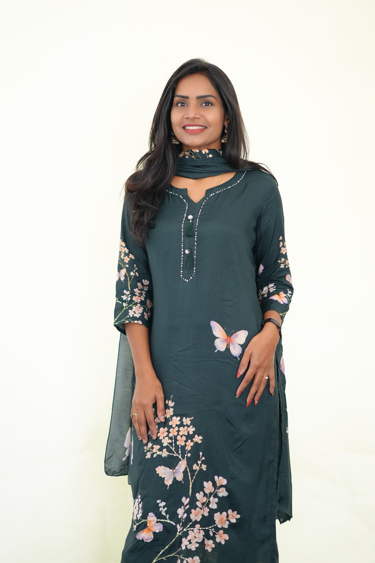 Green Color Muslin 3 Piece Set With Digital Print and Complete Lining