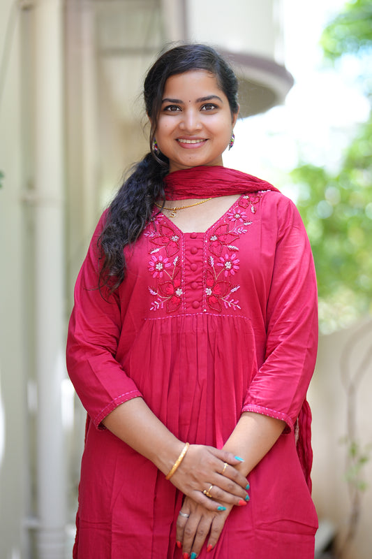Red Color Jaipur Cotton Anarkali 3 Piece Set