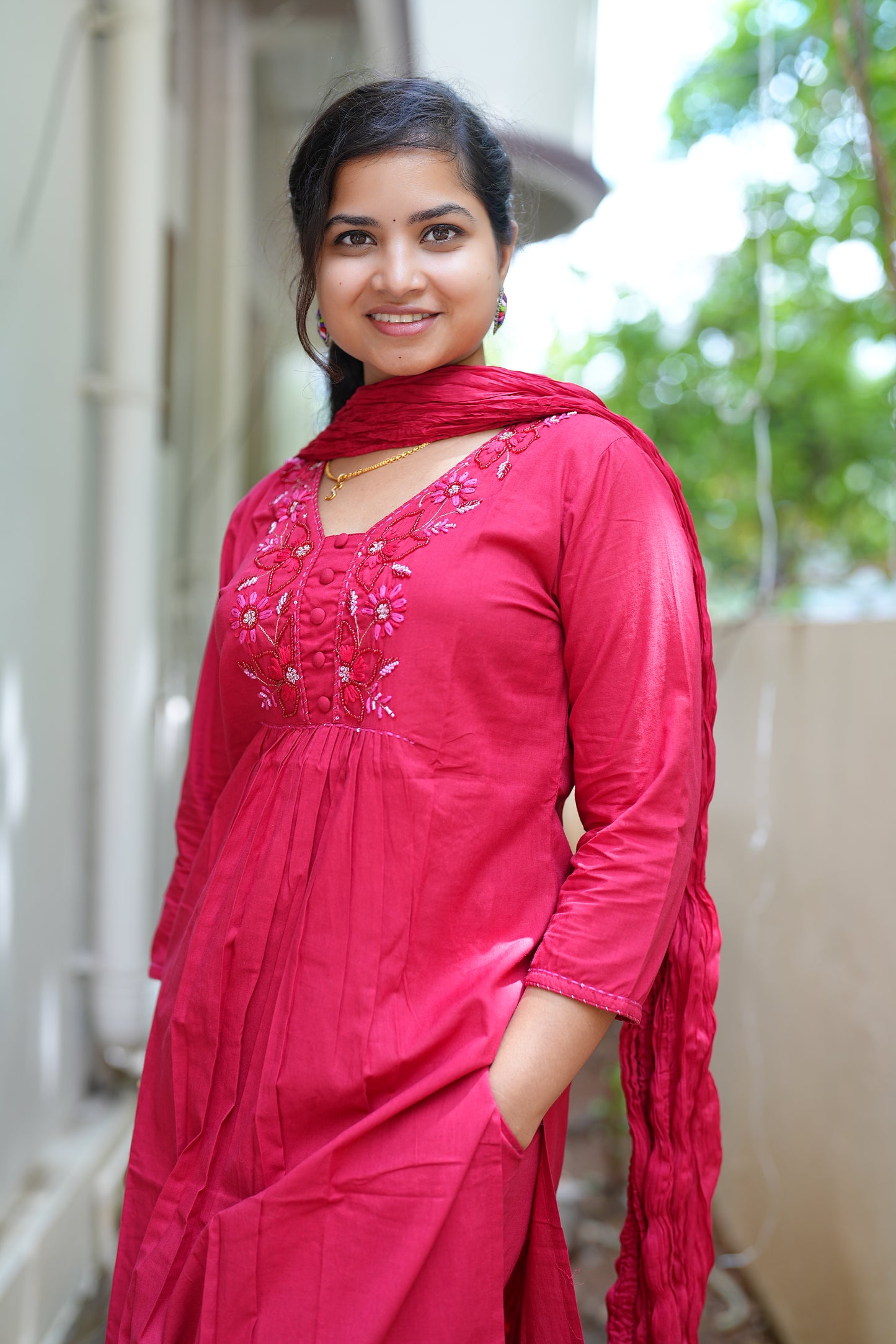 Red Color Jaipur Cotton Anarkali 3 Piece Set