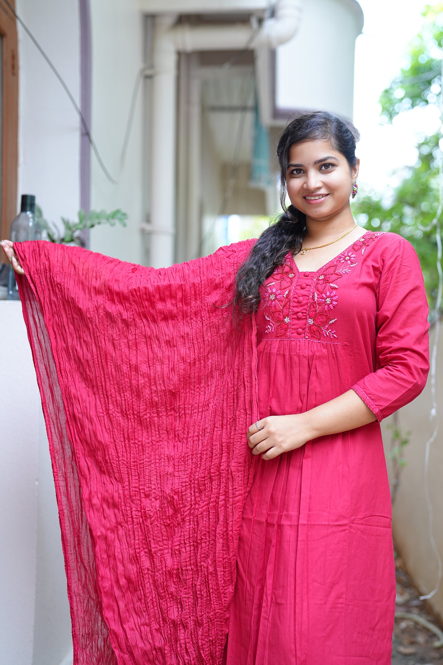 Red Color Jaipur Cotton Anarkali 3 Piece Set