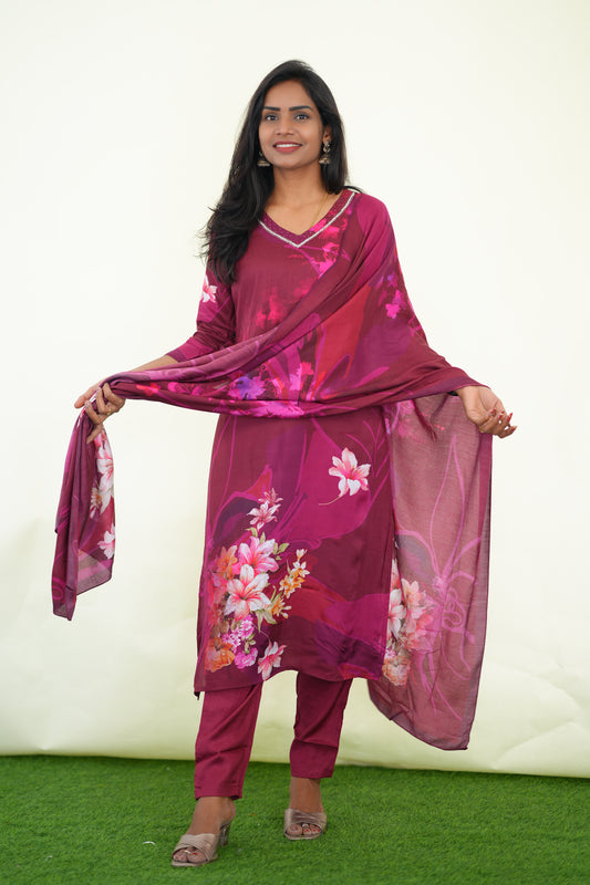 Marron Color Muslin 3 Piece Set With Digital Print and Complete Lining