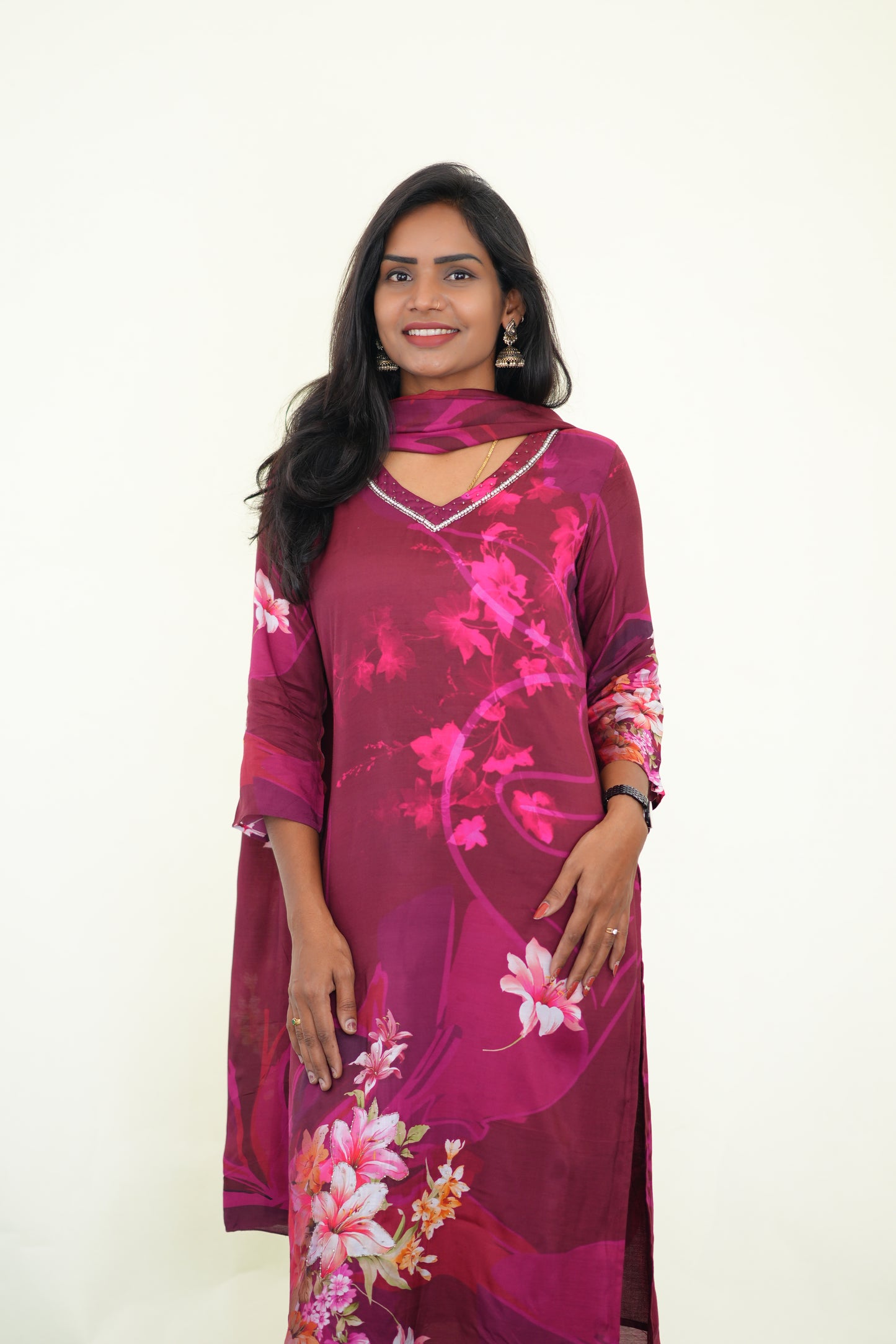 Marron Color Muslin 3 Piece Set With Digital Print and Complete Lining