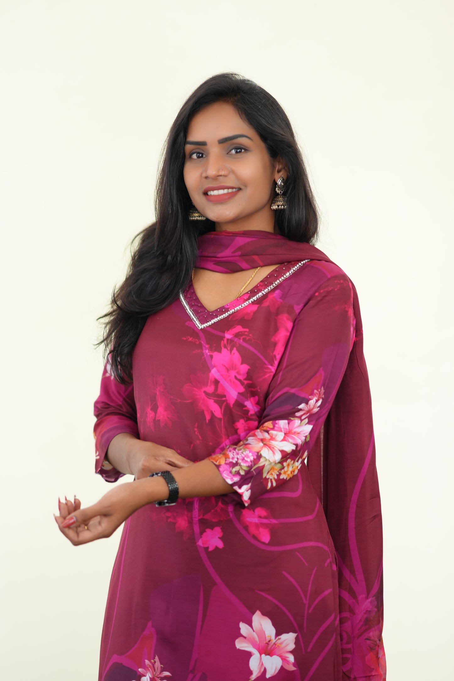Marron Color Muslin 3 Piece Set With Digital Print and Complete Lining