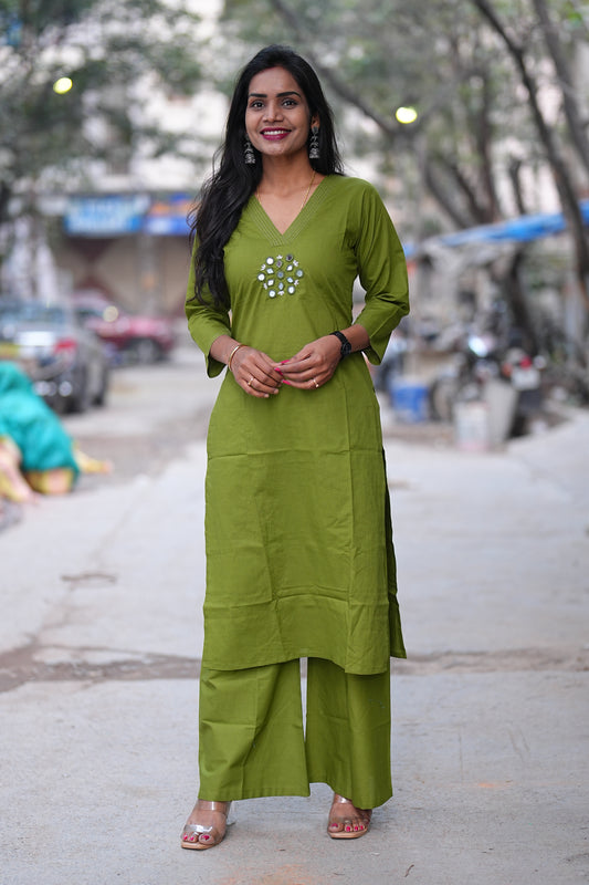 Green Color Office Wear Cord Set With Mirror Work and Palazzo Pant