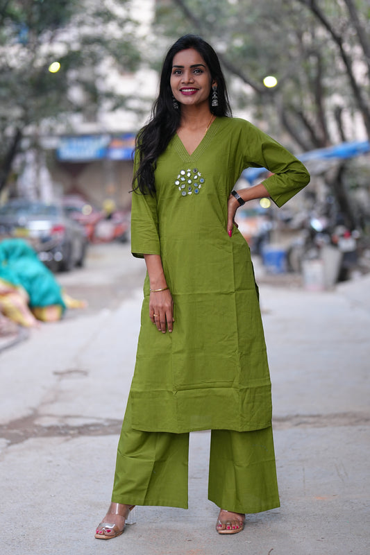 Green Color Office Wear Cord Set With Mirror Work and Palazzo Pant