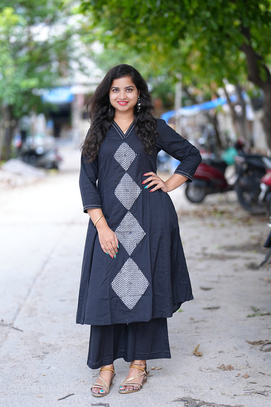 Black Color V Neck A Line Jaipur Cotton Cord Set With Thread Work
