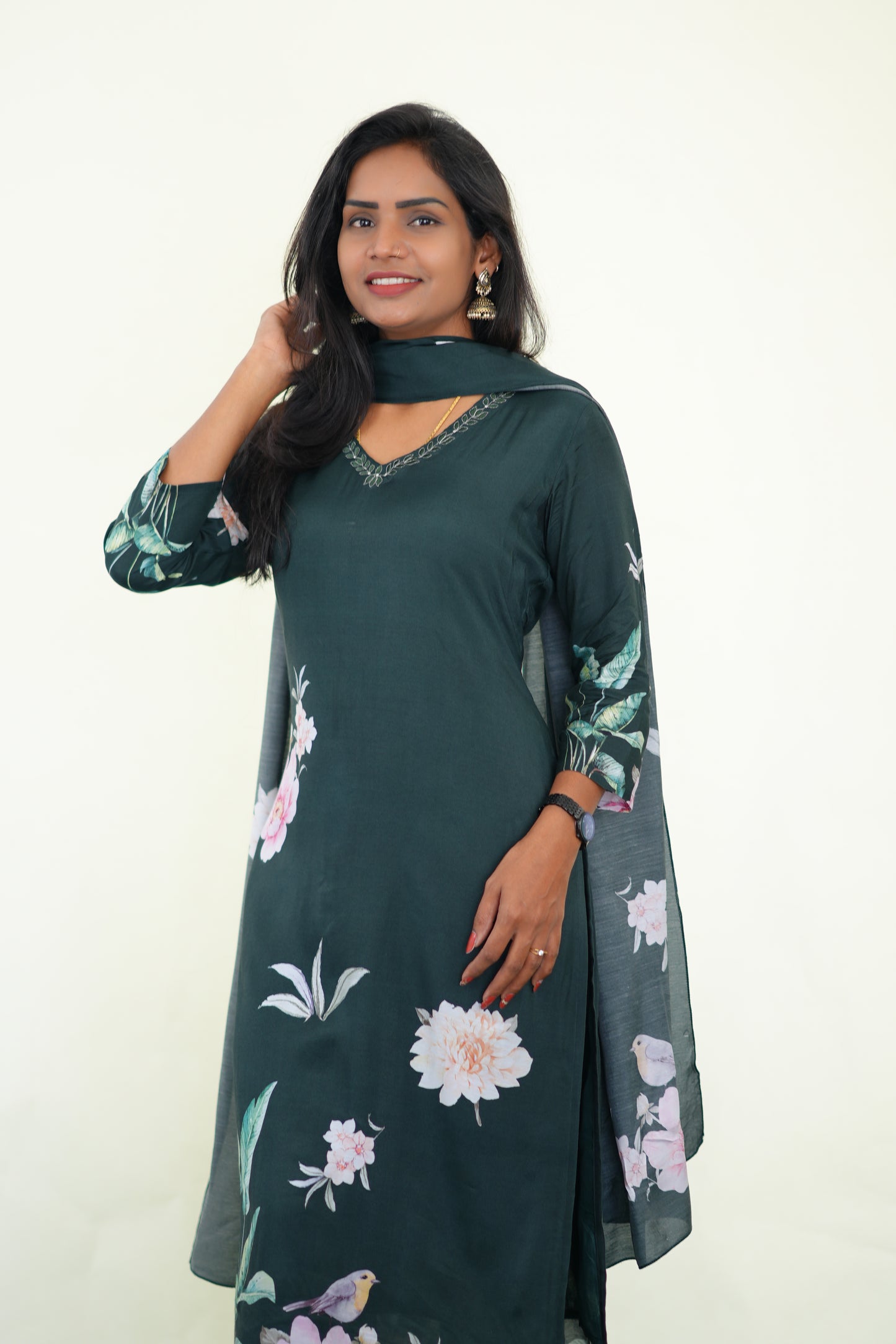 Green Color Muslin 3 Piece Set With Digital Print and Complete Lining