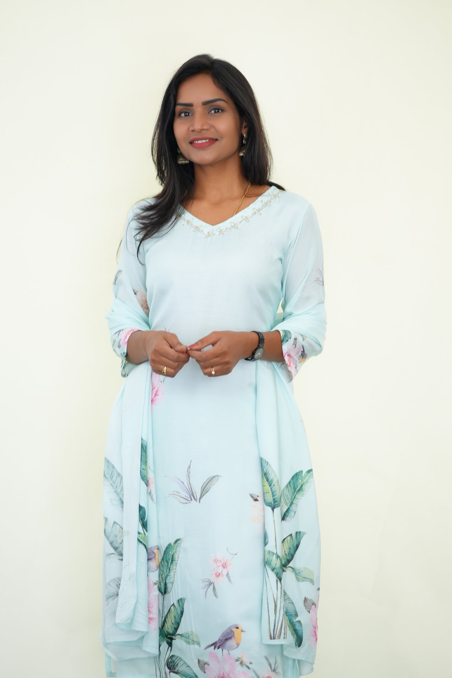 Sea Blue Color Muslin 3 Piece Set With Digital Print and Complete Lining