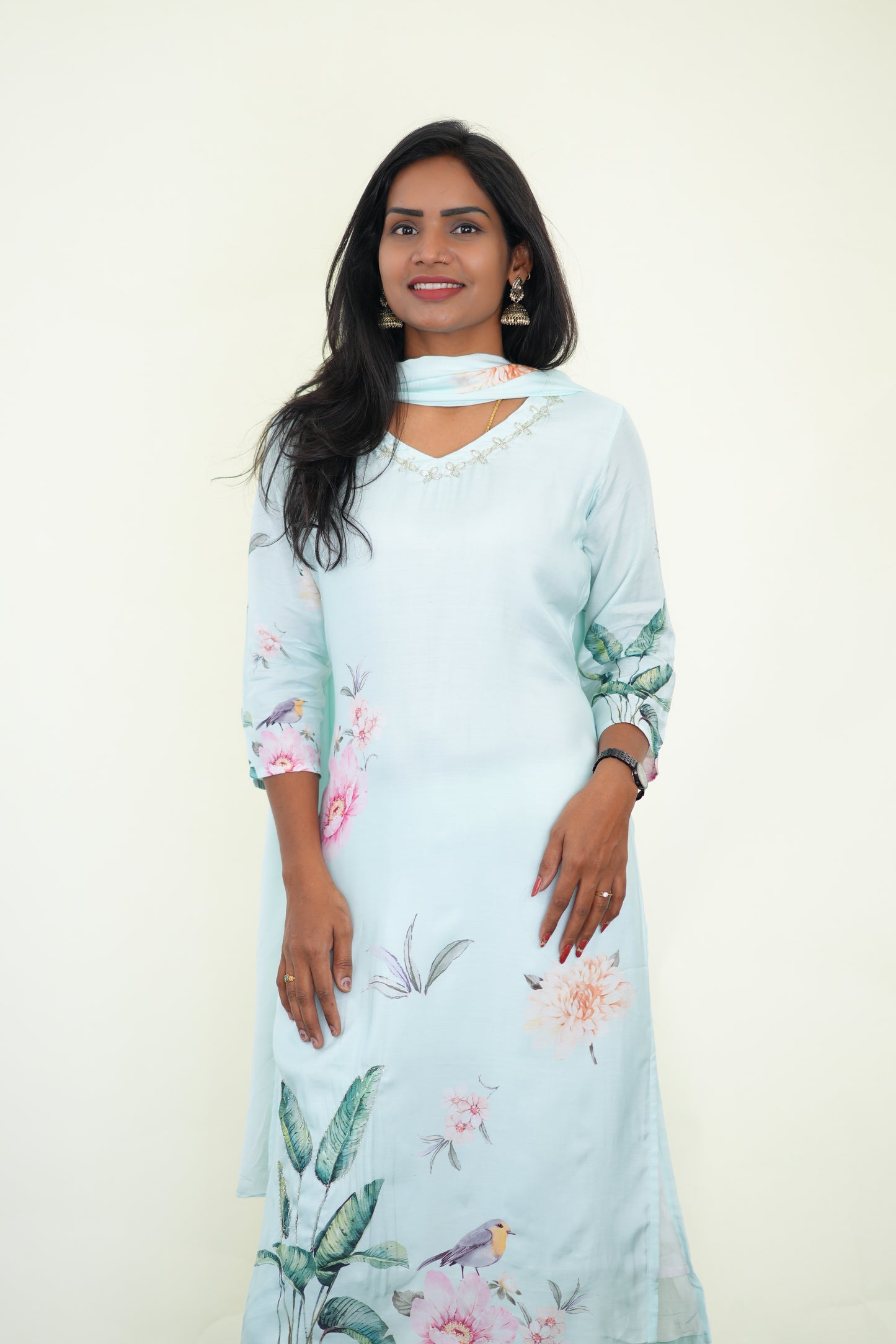 Sea Blue Color Muslin 3 Piece Set With Digital Print and Complete Lining