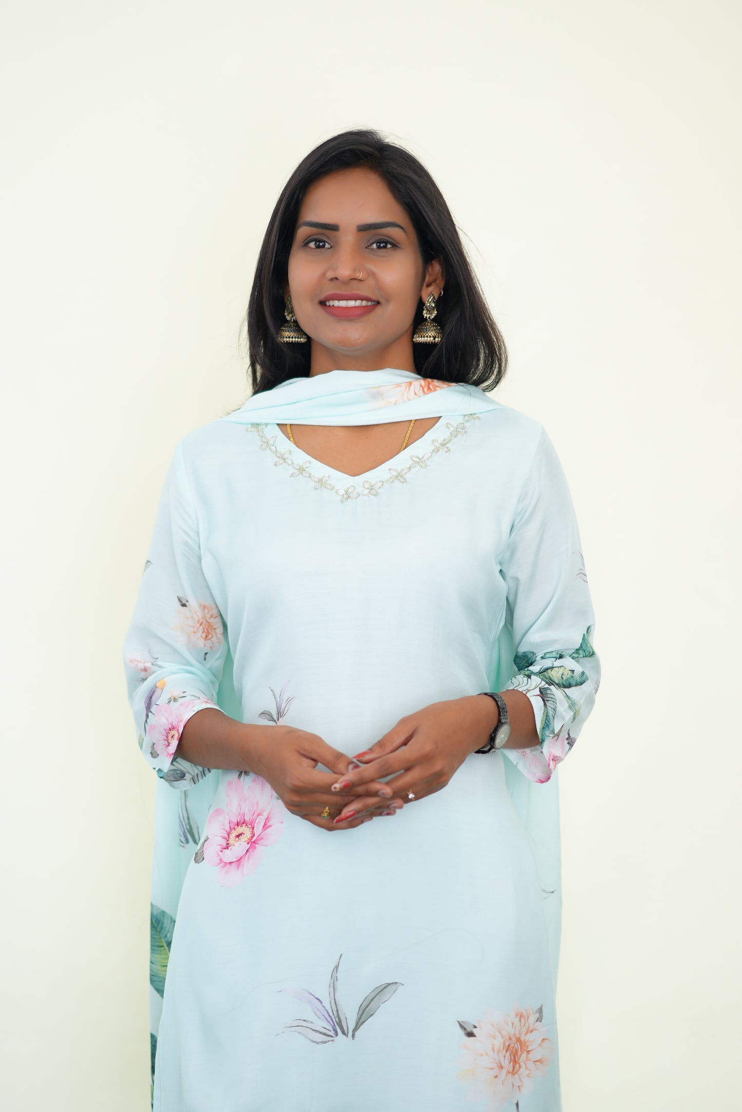 Sea Blue Color Muslin 3 Piece Set With Digital Print and Complete Lining
