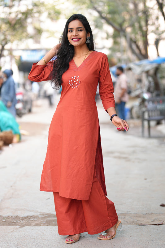 Rust Red Color Office Wear Cord Set With Mirror Work and Palazzo Pant
