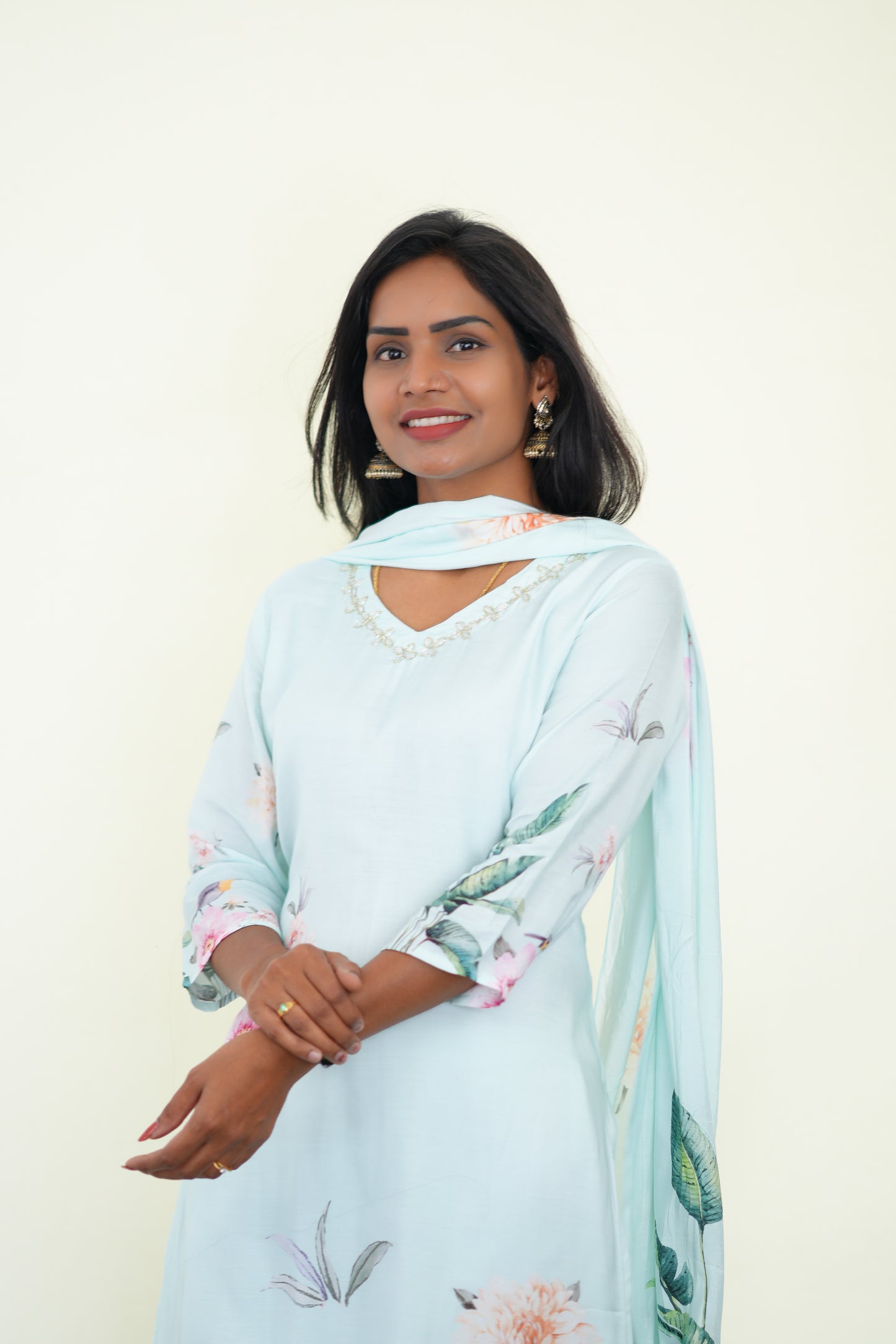 Sea Blue Color Muslin 3 Piece Set With Digital Print and Complete Lining