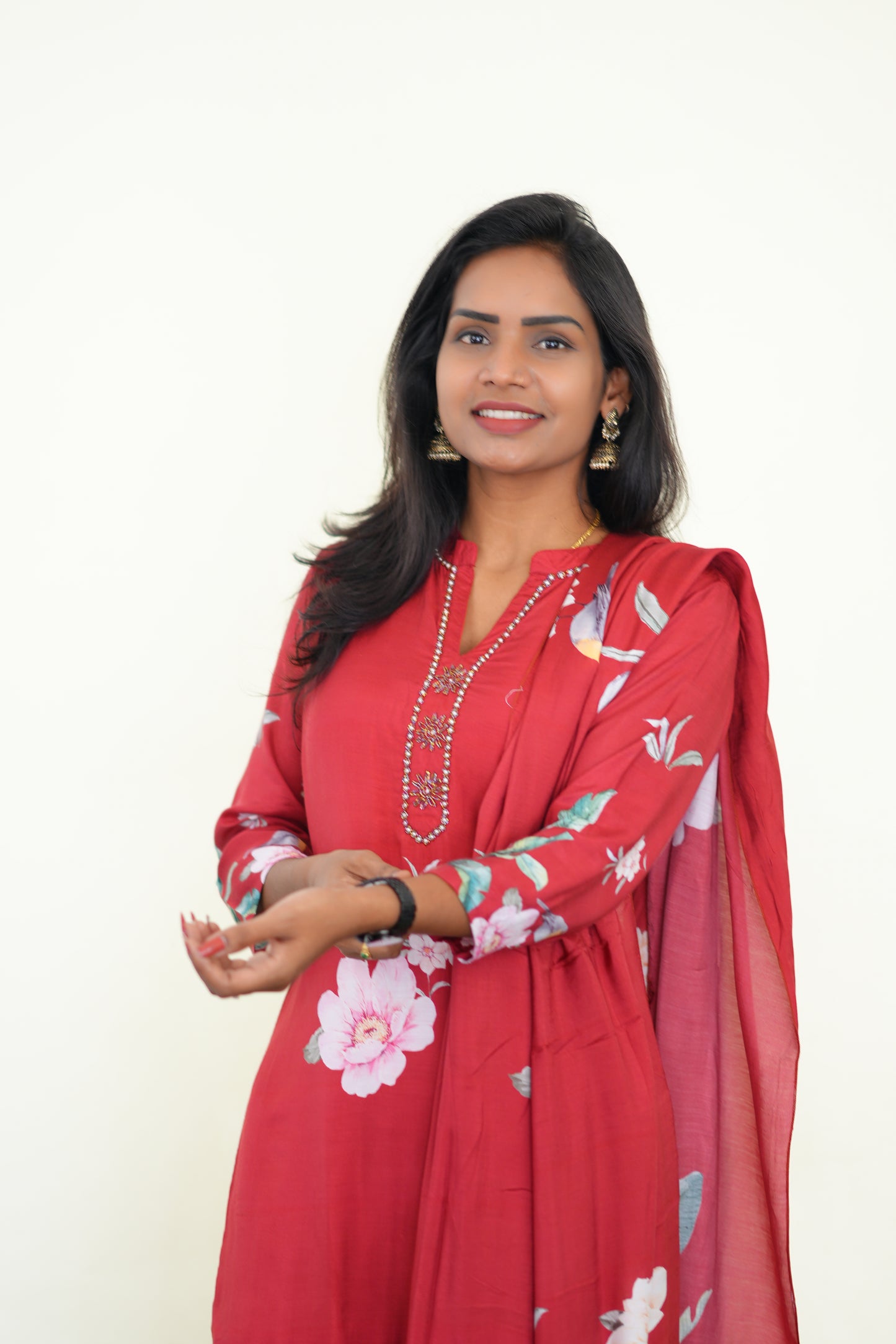 Red Color Muslin 3 Piece Set With Digital Print and Complete Lining