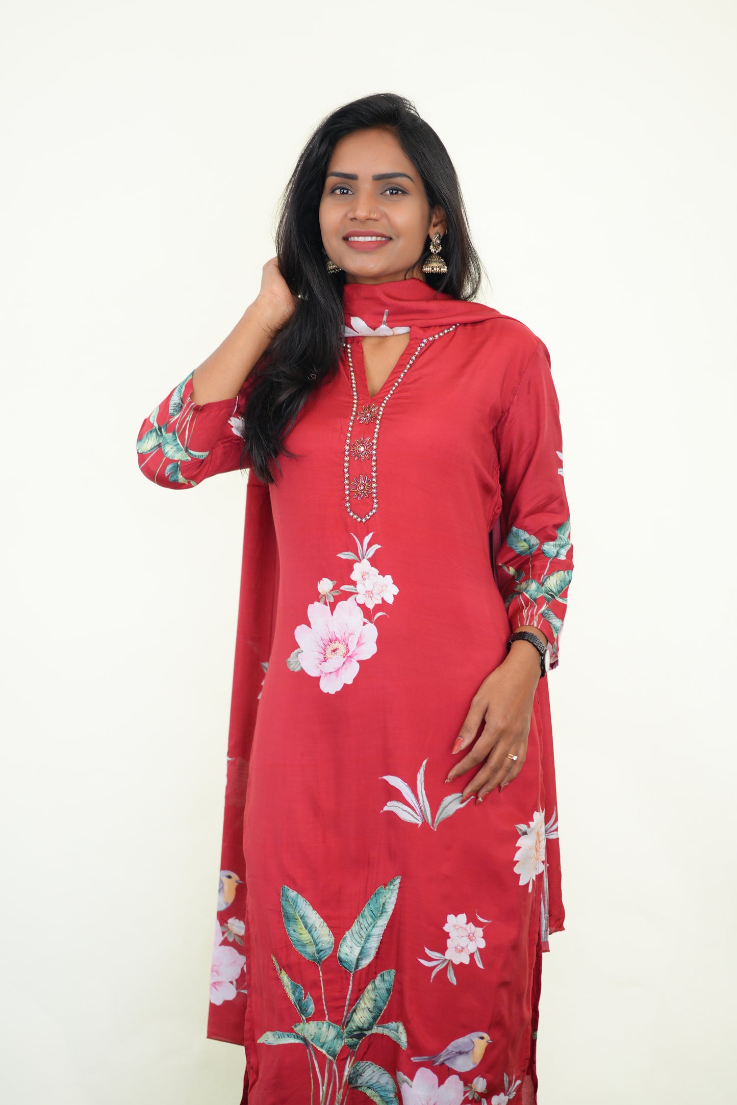 Red Color Muslin 3 Piece Set With Digital Print and Complete Lining