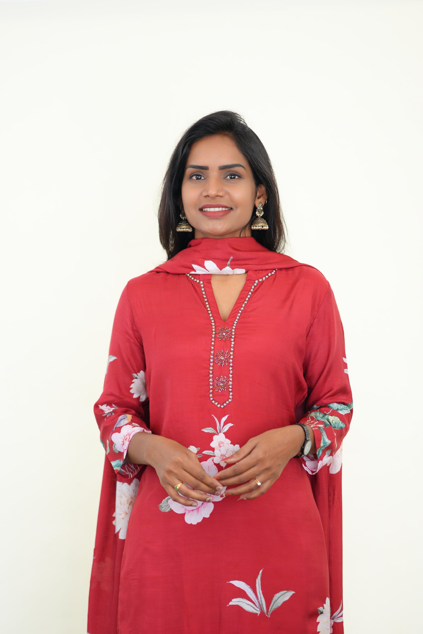 Red Color Muslin 3 Piece Set With Digital Print and Complete Lining
