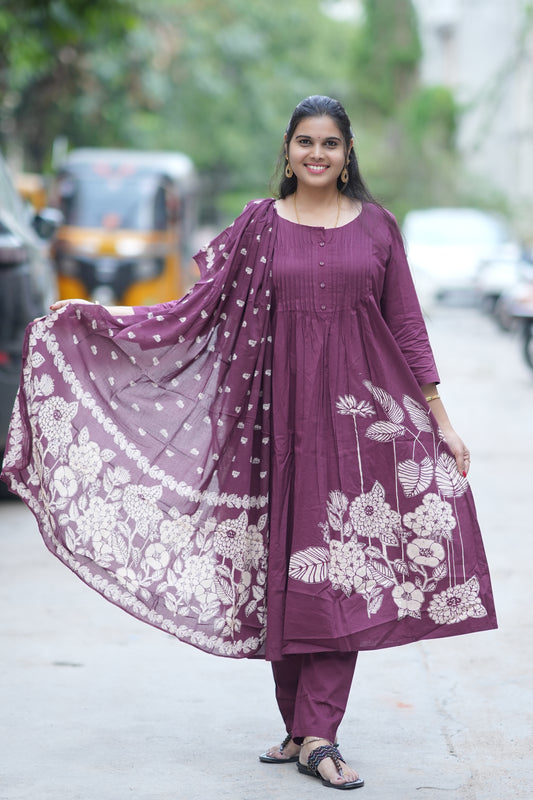 Beautiful Jaipur Cotton Wine Color A Line Three Piece Set