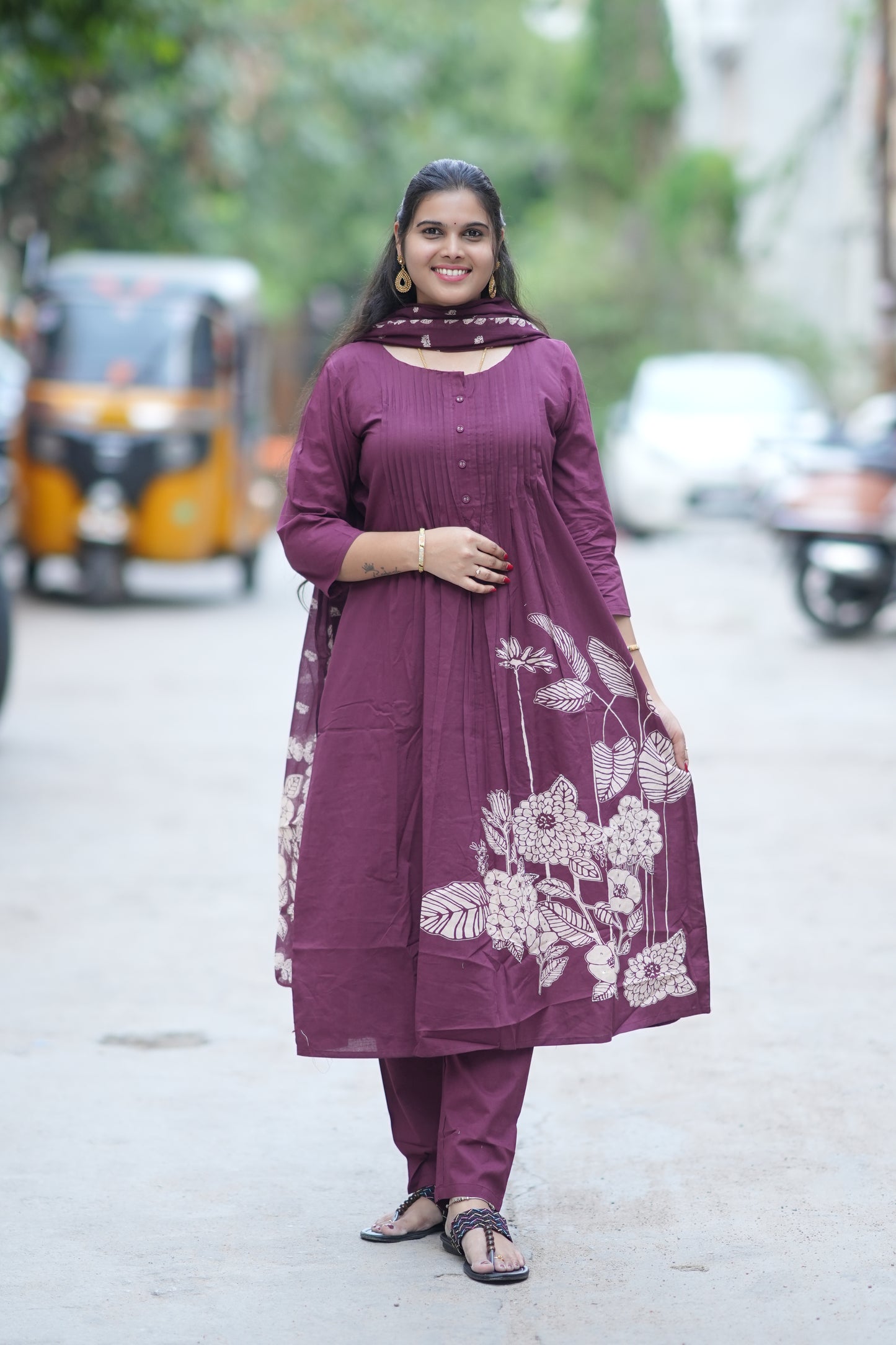Beautiful Jaipur Cotton Wine Color A Line Three Piece Set