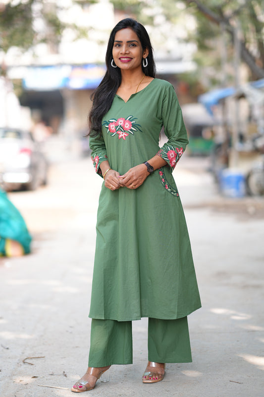Mehendi Green Color Jaipur cotton Office Wear Cord Set With Embroidery Work