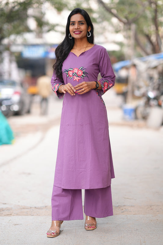Purple Color Jaipur cotton Office Wear Cord Set With Embroidery Work