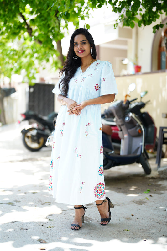 Sky Blue Color Pure Mul Mul Cotton maxi With Pocket and Complete Lining