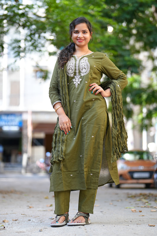 Olive Green Mul Mul Cotton Straight Cut 3 Piece Set With One Side Lining