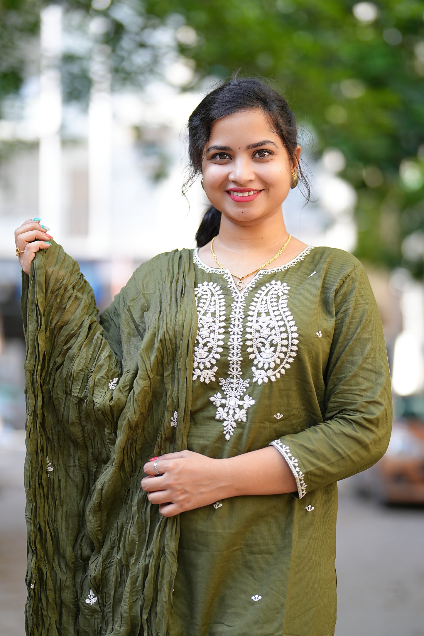 Olive Green Mul Mul Cotton Straight Cut 3 Piece Set With One Side Lining
