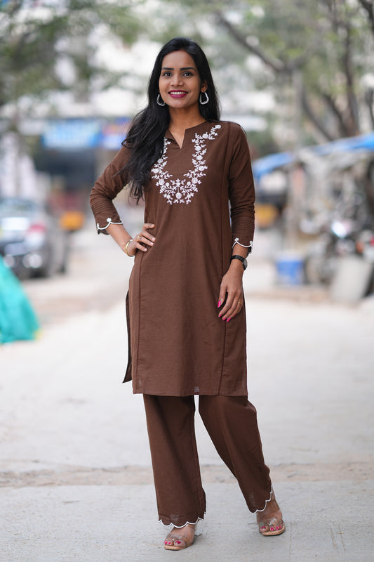 Brown Color Jaipuri Cotton Cord Set With Necklace Embroidery Work