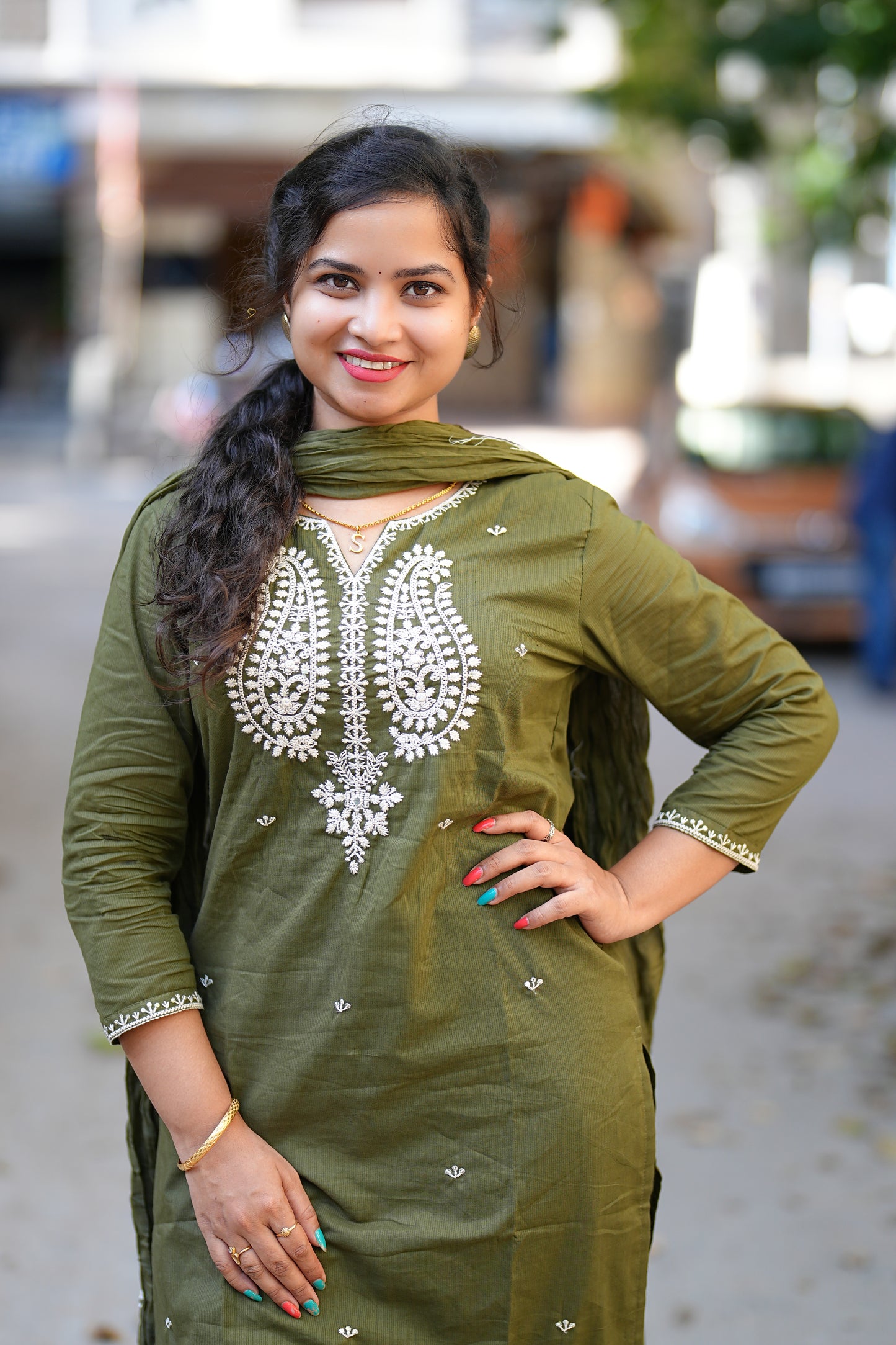 Olive Green Mul Mul Cotton Straight Cut 3 Piece Set With One Side Lining