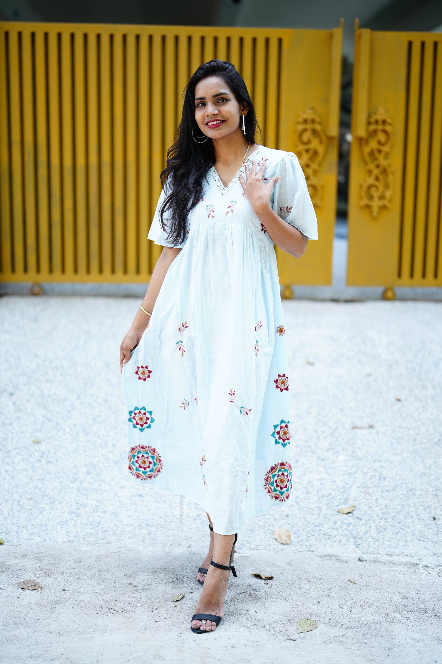 Sky Blue Color Pure Mul Mul Cotton maxi With Pocket and Complete Lining