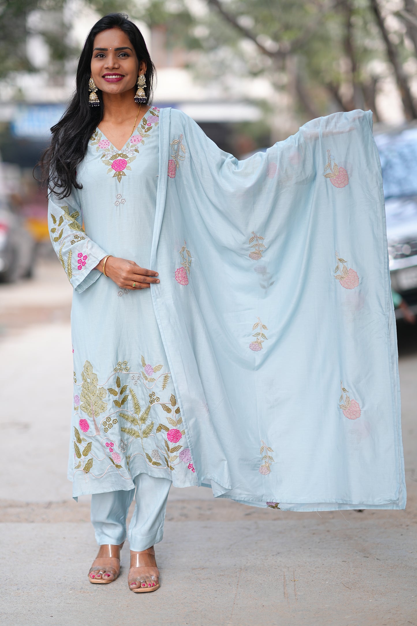 Ice Blue Mul Chanderi Designer Wear 3 Piece Set