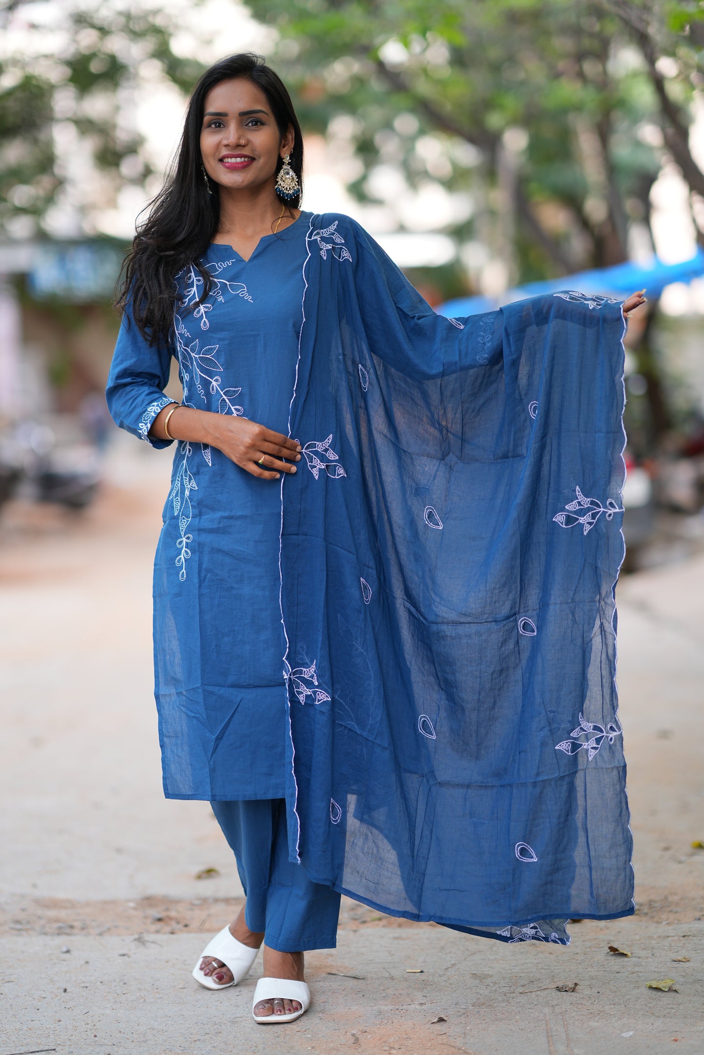 Blue Color Jaipur Cotton 3 Piece Set With Thread Embroidery Work