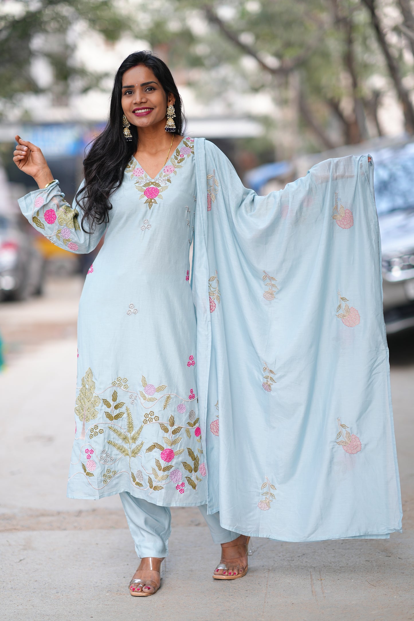 Ice Blue Mul Chanderi Designer Wear 3 Piece Set