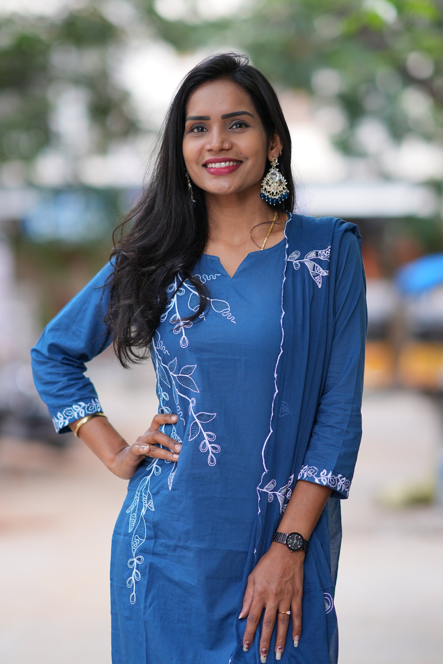 Blue Color Jaipur Cotton 3 Piece Set With Thread Embroidery Work