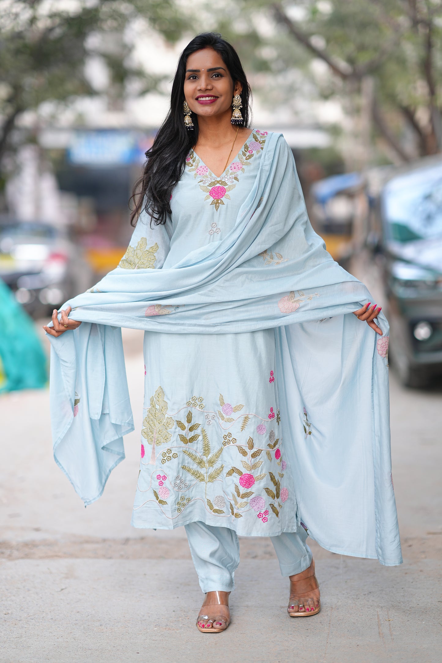 Ice Blue Mul Chanderi Designer Wear 3 Piece Set